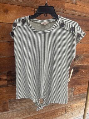Lavish Olive Green White Striped Button Shoulder Tie Front Top Size M NWT